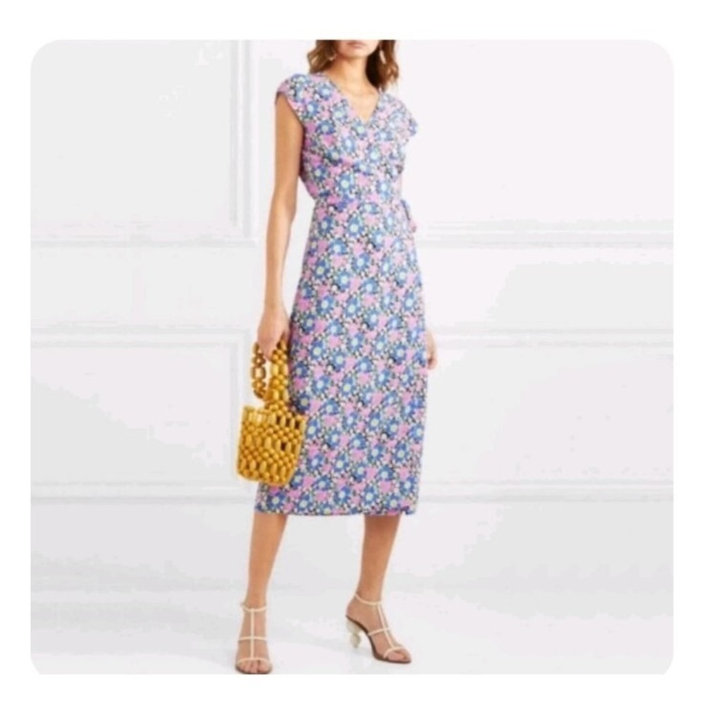 J Crew Dress‎ Wrap Dress Midi Fabrizia Ditsy Retro Floral blue pink size XS NEW